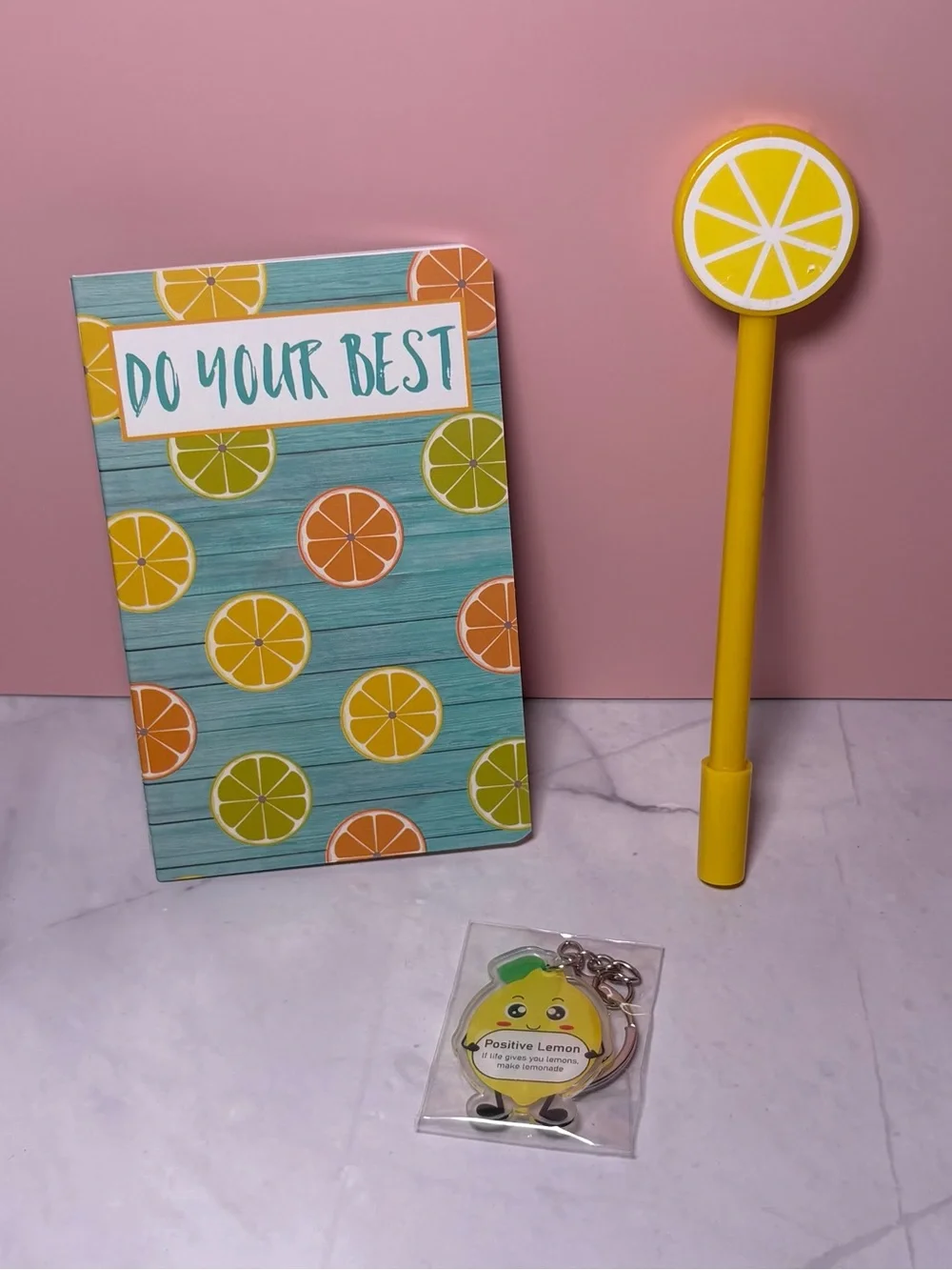 Lemon Print ‘Do Your Best’ Mini Notebook, Pen and Keychain